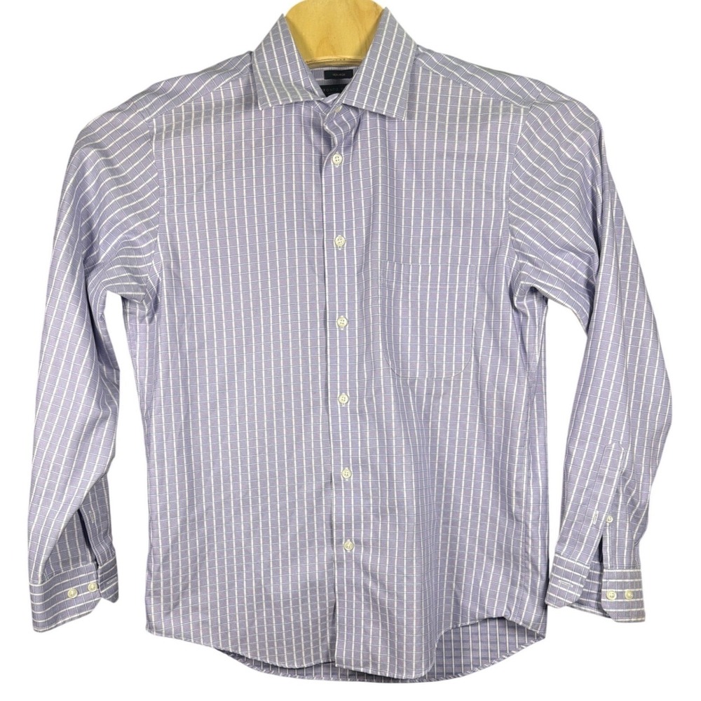 Pronto Uomo Mens Large Purple White Tattersall Non-Iron‎ Cotton Dress Shirt L